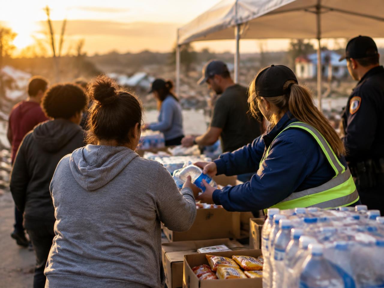 Relief volunteers handing out water to community members