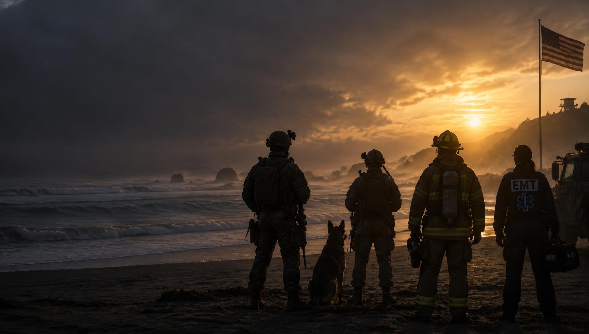 Service members, a firefighter and an EMT at sunrise